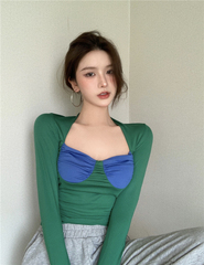 Real shot real price European and American sexy hot girl color contrast tight elastic low cut bottomed T-shirt retro top