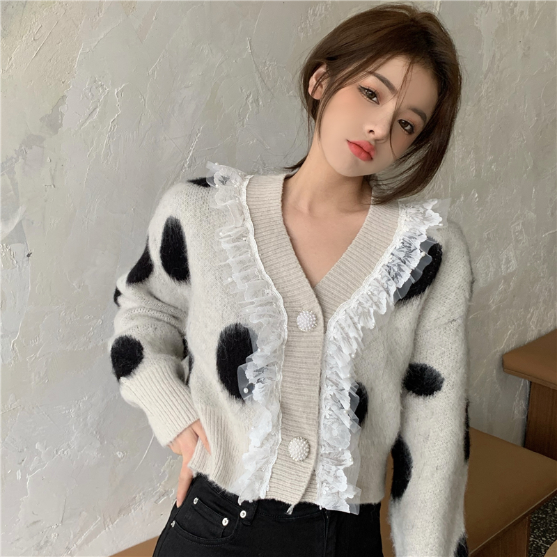 Real shot real price Mohair color matching big wave point knitted sweater coat in autumn and winter