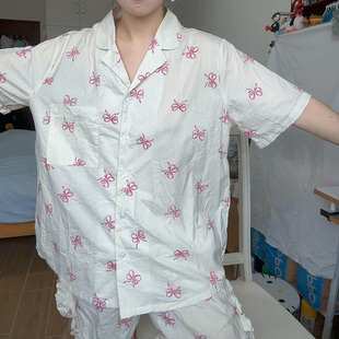 2025新款 甜美家居服 60支梭织棉蝴蝶结印花睡衣女荷叶边短袖 短裤