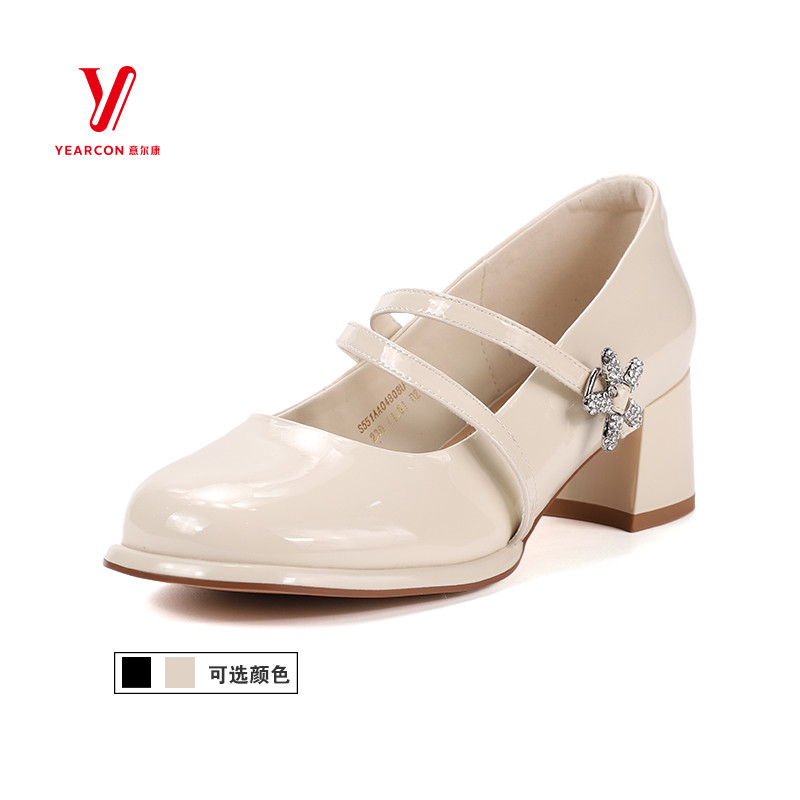 意尔康专柜女鞋2024新款玛丽珍单鞋粗跟中跟小皮鞋品牌正品04808