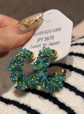 韩国东大门2024新款精致绿色水晶珠珠c型耳环小时尚百搭925银针女