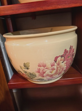 云南建水紫陶花盆 廖记妮子作品 宽口大风水缸 牡丹