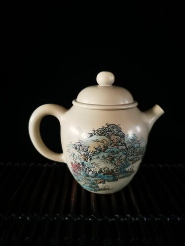 云南建水紫陶茶壶厂家直销 王天龙彩填山水高如意壶 纯手工制作