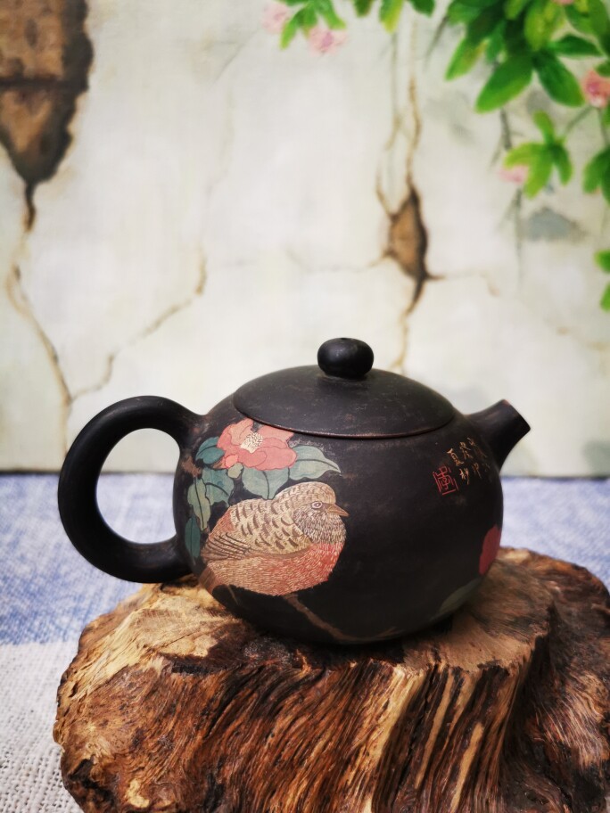 云南建水紫陶茶壶厂家直销 夏杪 彩填工笔花鸟小西施壶 全手工