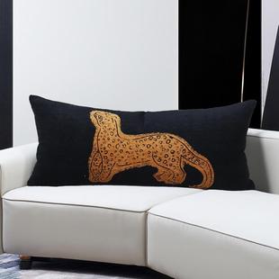 中古风抱枕皮沙发靠枕套雪尼尔金钱豹靠垫双人靠枕长尺寸腰枕定制