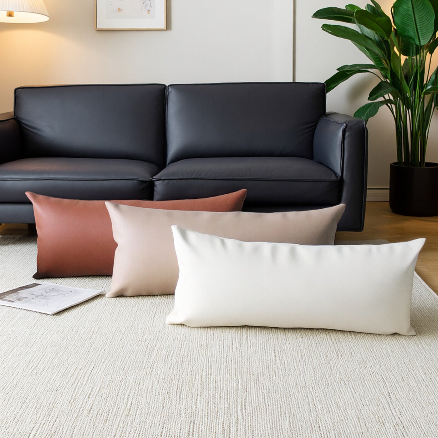 轻奢软牛皮长腰枕客厅沙发样板间荔枝纹仿真皮靠枕双人长尺寸靠垫