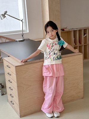 专柜同款夏季女童短袖T恤新款儿童半袖上衣中大童休闲裤套装辣妹