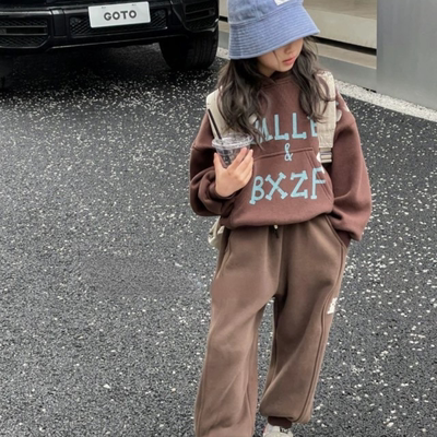 青少年儿童女童卫衣加绒秋冬加厚保暖卫衣学生连帽印花亲子款0764