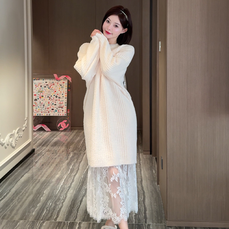 DIMDEVL汀黛冬季睡衣女珍珠链圆领套头宽松加厚保暖半边绒睡裙