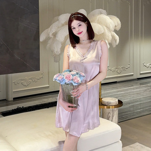 DIMDEVL汀黛26年法式 性感睡裙水光缎面短裙 V领木耳边无袖