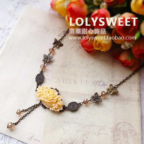 定制手作 复古多色蔷薇玫瑰花 金属花片水滴链条花朵吊坠项链