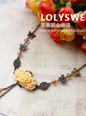 定制手作 复古多色蔷薇玫瑰花 金属花片水滴链条花朵吊坠项链