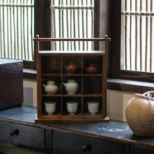 原创提梁九宫格瓷器盒实木置物方格架玻璃门桌面茶壶收纳盒多宝格