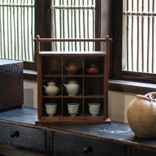 黑胡桃实木置物架玻璃收纳茶壶