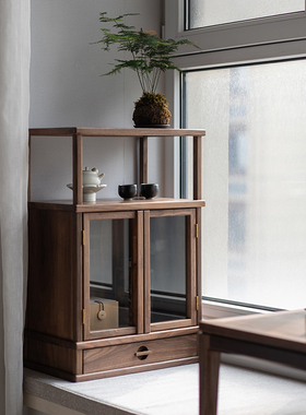 新中式飘窗阳台茶事柜黑胡桃木瓷器柜席地榻榻米储物柜收纳展示柜