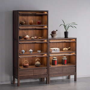 九间房明光上翻门立柜新中式黑胡桃木实木灯带陈列收纳储物展示柜