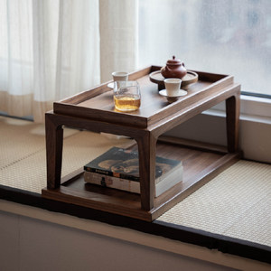 九间房榻榻米茶边几置物架黑胡桃木实木矮桌边桌飘窗桌小茶桌