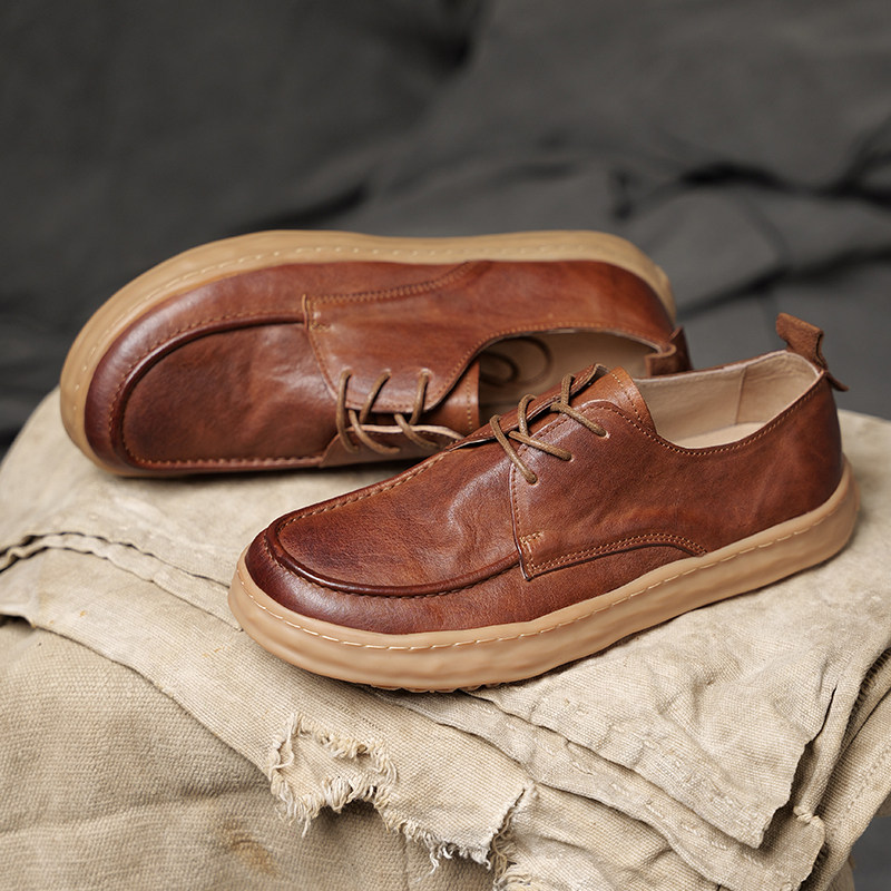 夏季真皮男鞋水洗植鞣马皮复古手工缝线系带圆头舒适透气休闲皮鞋,流行男鞋,休闲皮鞋,淘宝优惠券,粉丝福利购,淘宝优惠卷