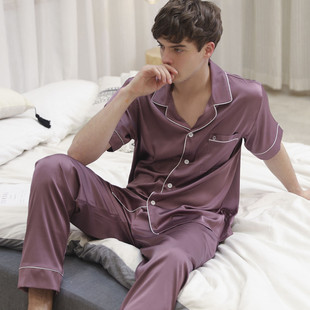 男士睡衣夏季 薄款 冰丝半袖长裤丝绸夏天款新品休闲开衫两件套装