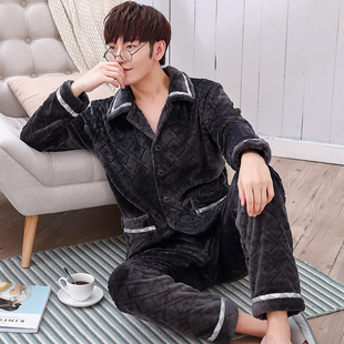 冬季珊瑚绒睡衣男加绒加厚秋冬男士法兰绒冬天保暖男款家居服套装