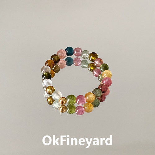 OkFineyard天然碧玺珠子素圈戒指女水晶原石小众设计转运指环尾戒