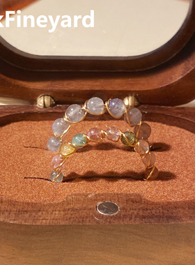 OkFineyard天然碧玺串珠素圈戒指女小众设计转好运水晶开口食指环