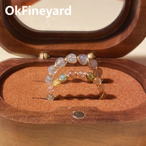 OkFineyard天然碧玺串珠素圈戒指女小众设计转好运水晶开口食指环
