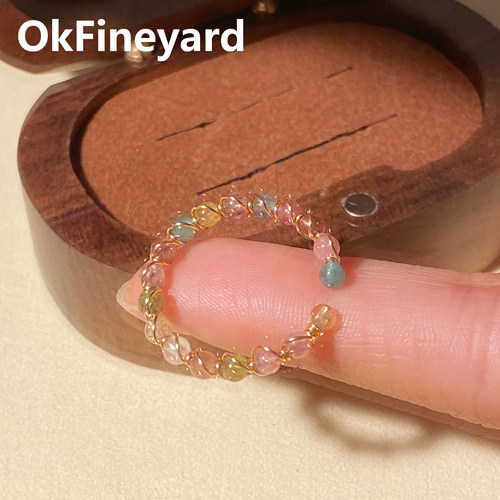 OkFineyard天然碧玺戒指女小众设计素圈食指戒水晶开口指环送礼物