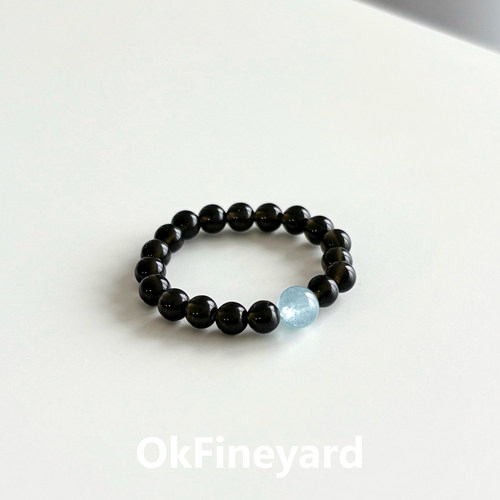 OkFineyard天然黑曜石海蓝宝戒指女小众设计好运尾戒水晶串珠指环