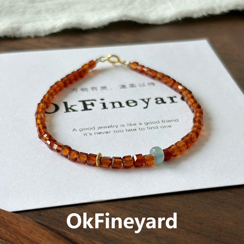 OkFineyard【曦珀】天然橙石榴石方糖手链女小众设计翡翠串珠手串