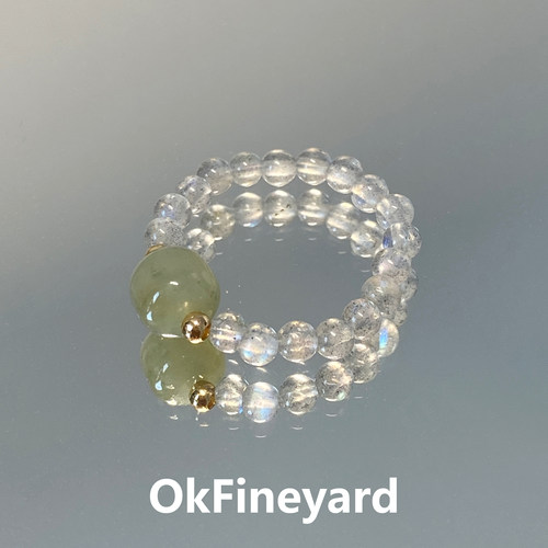 OkFineyard天然石和田玉戒指女灰月光串珠水晶新中式指环小众设计