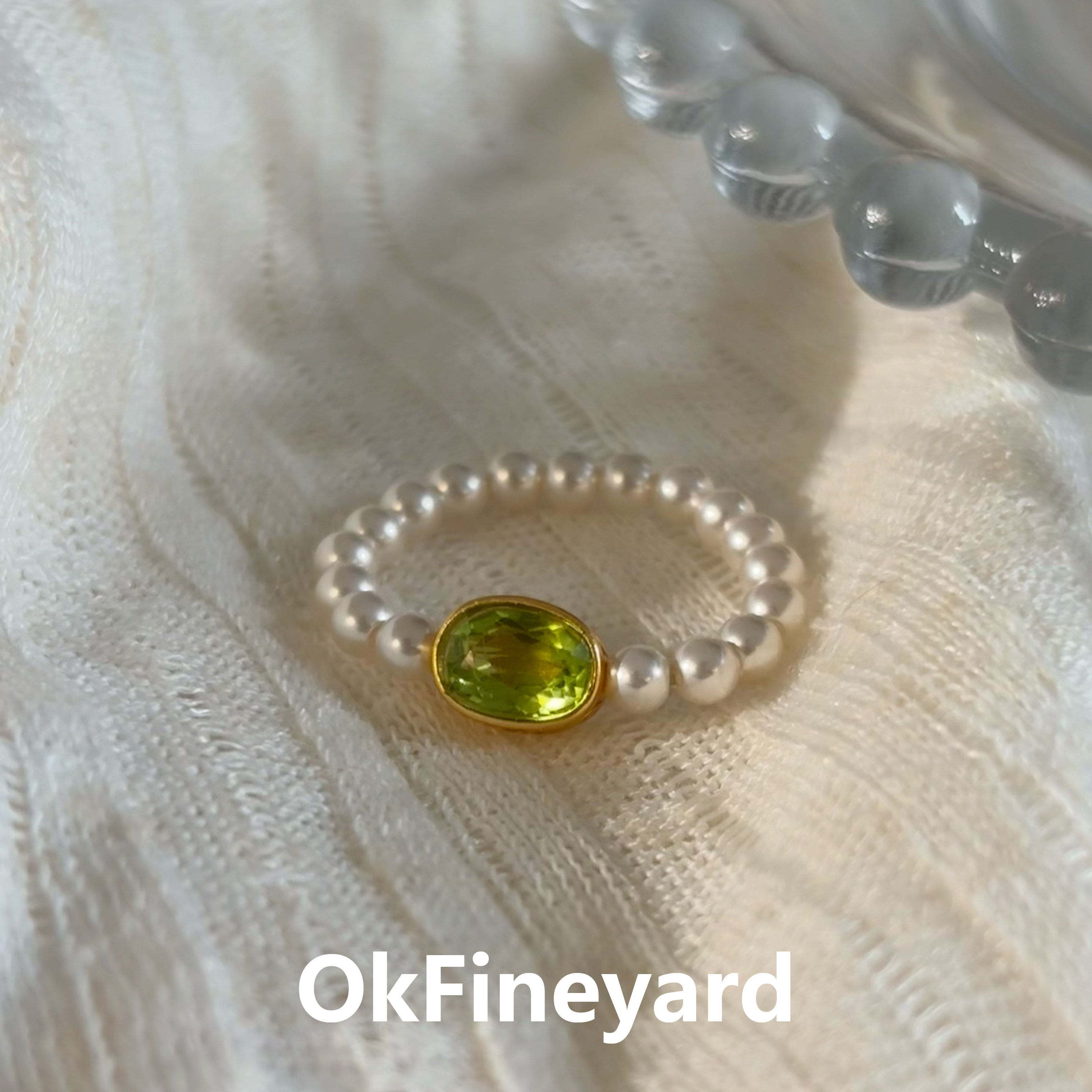 OkFineyard天然橄榄石戒指女复古小众S家珍珠强光串珠高级感指环图片