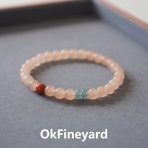 OkFineyard【夕岚】藕粉色玉髓手串女款天然南红翡翠串珠手链礼物