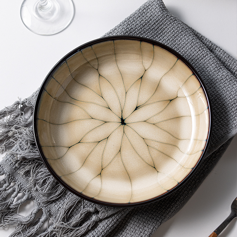 手绘线条釉下彩餐盘创意牛排盘子