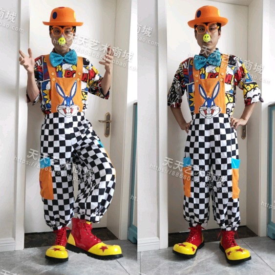 现货少量橘色背带小丑服 大码200斤卡通节日搞怪表演服装黑白格裤