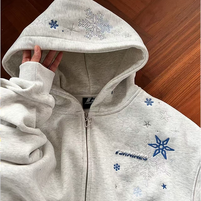 美式雪花刺绣连帽拉链加厚卫衣