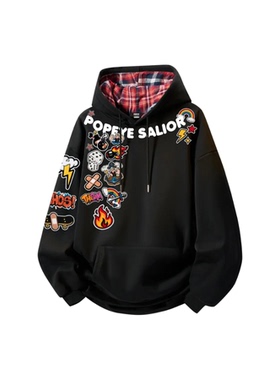 大力水手美式复古满印宽松长袖格纹帽衫男女连帽卫衣秋冬加绒加厚