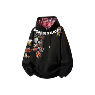 男女连帽卫衣秋冬加绒加厚 格纹帽衫 大力水手美式 复古满印宽松长袖