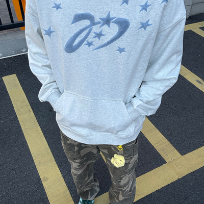 美式高街毛绒五角星刺绣连帽卫衣