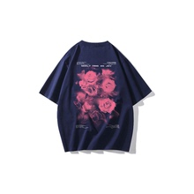 夏季 TONYKRZ美式 T恤 高街氛围感玫瑰花束圆领宽松纯棉情侣落肩短袖