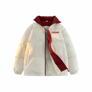 WMWV美式 棉袄 复古字母撞色立领宽松加厚保暖外套落肩羽绒棉服冬季