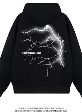 FOCK美式重磅宽松潮牌创意闪电印花oversize秋冬连帽卫衣情侣外套