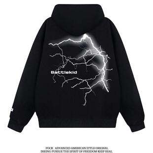 FOCK美式重磅宽松潮牌创意闪电印花oversize秋冬连帽卫衣情侣外套