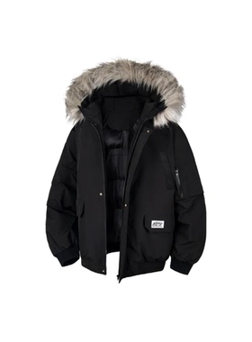 Xmithie美式复古纯色可拆卸毛领派克服加厚座山雕连帽棉服外套