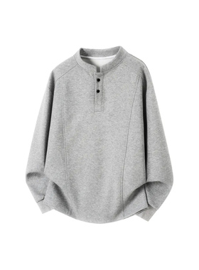 AULD美式复古亨利领老钱风boxy弧形宽松休闲加绒加厚基础长袖卫衣