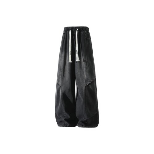 大卫贝肯美式复古水洗做旧直筒腰带字母刺绣阔腿加绒加厚牛仔长裤