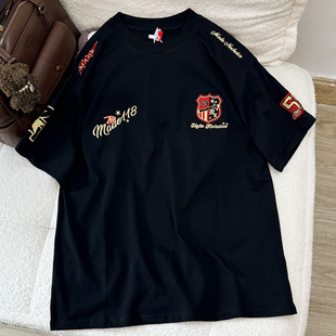 美式高街潮牌刺绣徽章字母夏季宽松短袖T恤男女情侣上衣体恤TEE