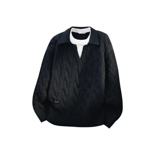 it香港羊毛美式 复古简约纯色基础休闲慵懒假两件翻领秋冬套头毛衣