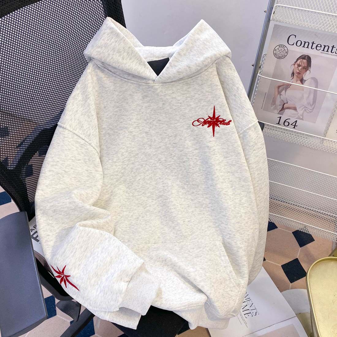 国潮牌帽子北极星刺绣连帽卫衣女秋冬季加绒美式复古高街情侣外套