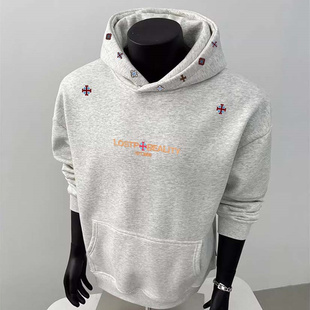 设计感小众字母刺绣连帽潮牌卫衣男秋冬加绒季 高街痞帅外套 候美式